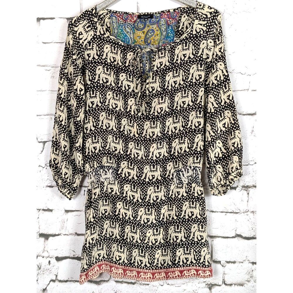 TOLANI Anthropologie Elephant Paisley 100% Silk Mini Dress Tunic Bohemian Medium